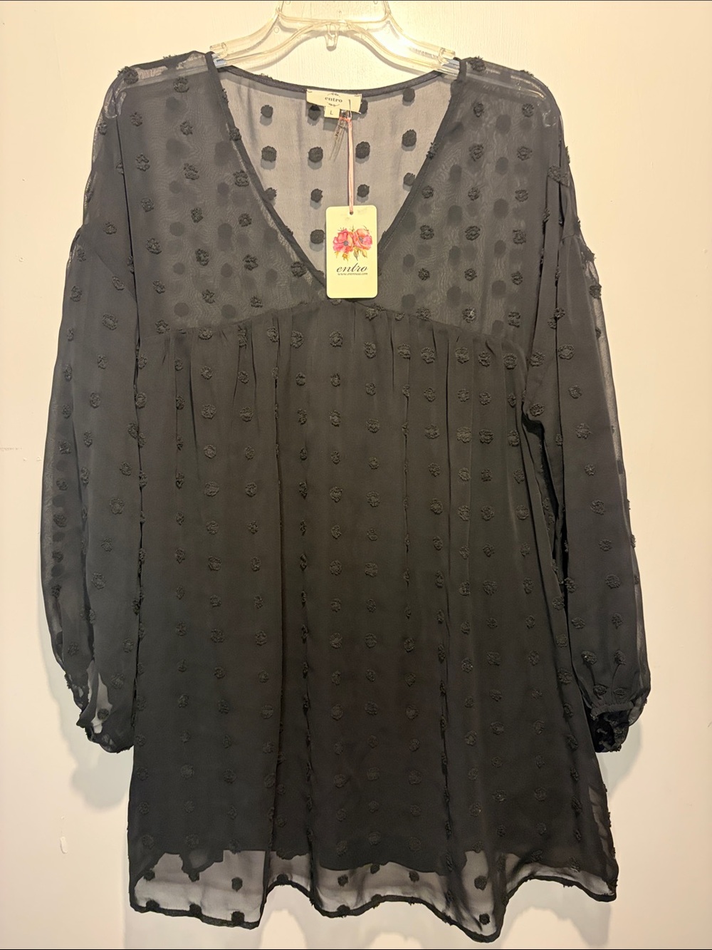 Entro NWT Swiss Polka Dot Pom Pom Sheer Long Sleeves Babydoll Mini Dress Size L